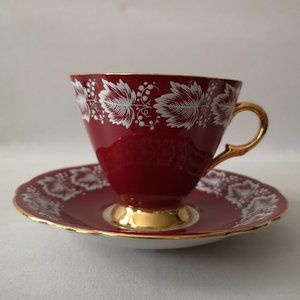 Vintage Windsor Bone China Teacup & Saucer Set, Red with Pink Rose Black Leaves